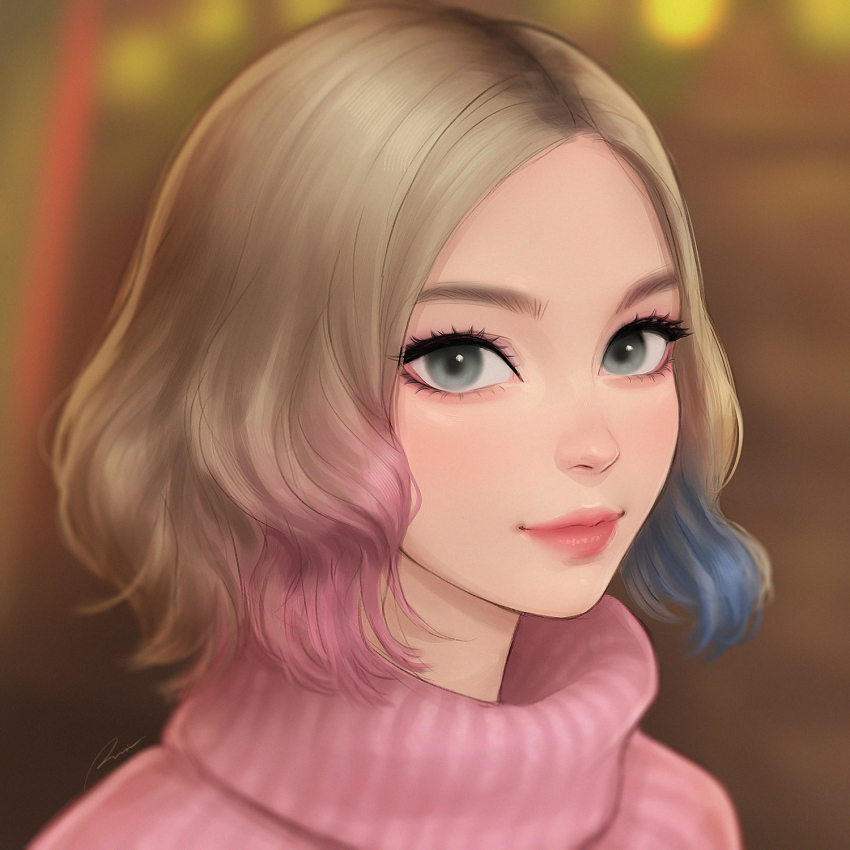 1girl addams_family blonde_hair blue_hair blurry blurry_background enid_sinclair green_eyes highres lips looking_at_viewer multicolored_hair pink_hair portrait solo sweater turtleneck turtleneck_sweater umigraphics wednesday_(netflix)