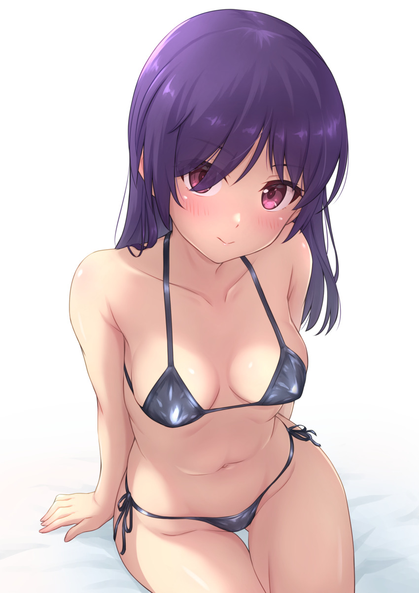 1girl absurdres alice_gear_aegis aruga_nana bikini black_bikini breasts gluteal_fold highres hutokumi long_hair looking_at_viewer medium_breasts purple_eyes purple_hair side-tie_bikini_bottom simple_background sitting solo swimsuit thigh_gap white_background