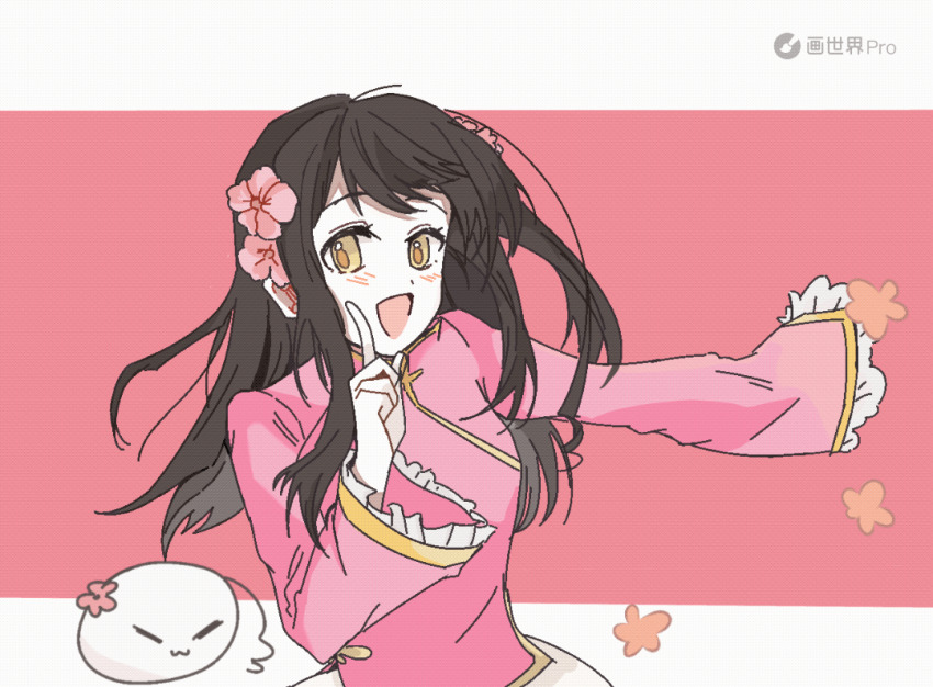 1girl animated animated_gif axis_powers_hetalia blush brown_eyes brown_hair chinese_clothes dancing finger_to_cheek flower hair_flower hair_ornament hoshino_ruby_dance index_finger_raised long_hair long_sleeves looking_at_viewer looping_animation open_mouth outstretched_arm pink_flower smile solo taiwan_(hetalia) upper_body watermark xinjinjumin464663268078