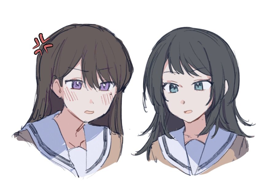 anger_vein bang_dream! bang_dream!_it&#039;s_mygo!!!!! black_hair blue_eyes blush brown_hair commentary hair_between_eyes hanasakigawa_school_uniform hashtag-only_commentary highres jenjen long_hair open_mouth purple_eyes school_uniform shiina_taki simple_background upper_body white_background yahata_umiri