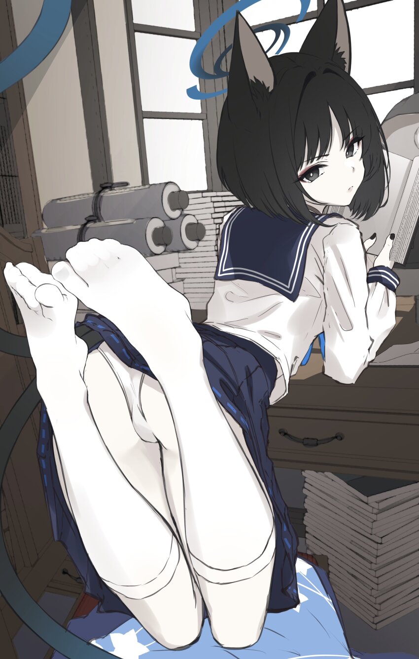 1girl absurdres animal_ears ass black_eyes black_hair black_nails blue_archive blue_haori blue_sailor_collar blue_skirt book book_stack bright_pupils cat_ears cat_girl cat_tail commentary_request eyeshadow feet feet_up foot_focus from_behind grimace halo haori highres holding holding_book hyouta_(yoneya) indoors kikyou_(blue_archive) long_sleeves looking_at_viewer makeup multiple_tails nail_polish narrowed_eyes nekomata open_book panties parted_bangs pleated_skirt red_eyeshadow sailor_collar school_uniform scroll serafuku shirt short_hair sketch skirt socks solo tail toes underwear unworn_haori white_panties white_pupils white_shirt white_socks