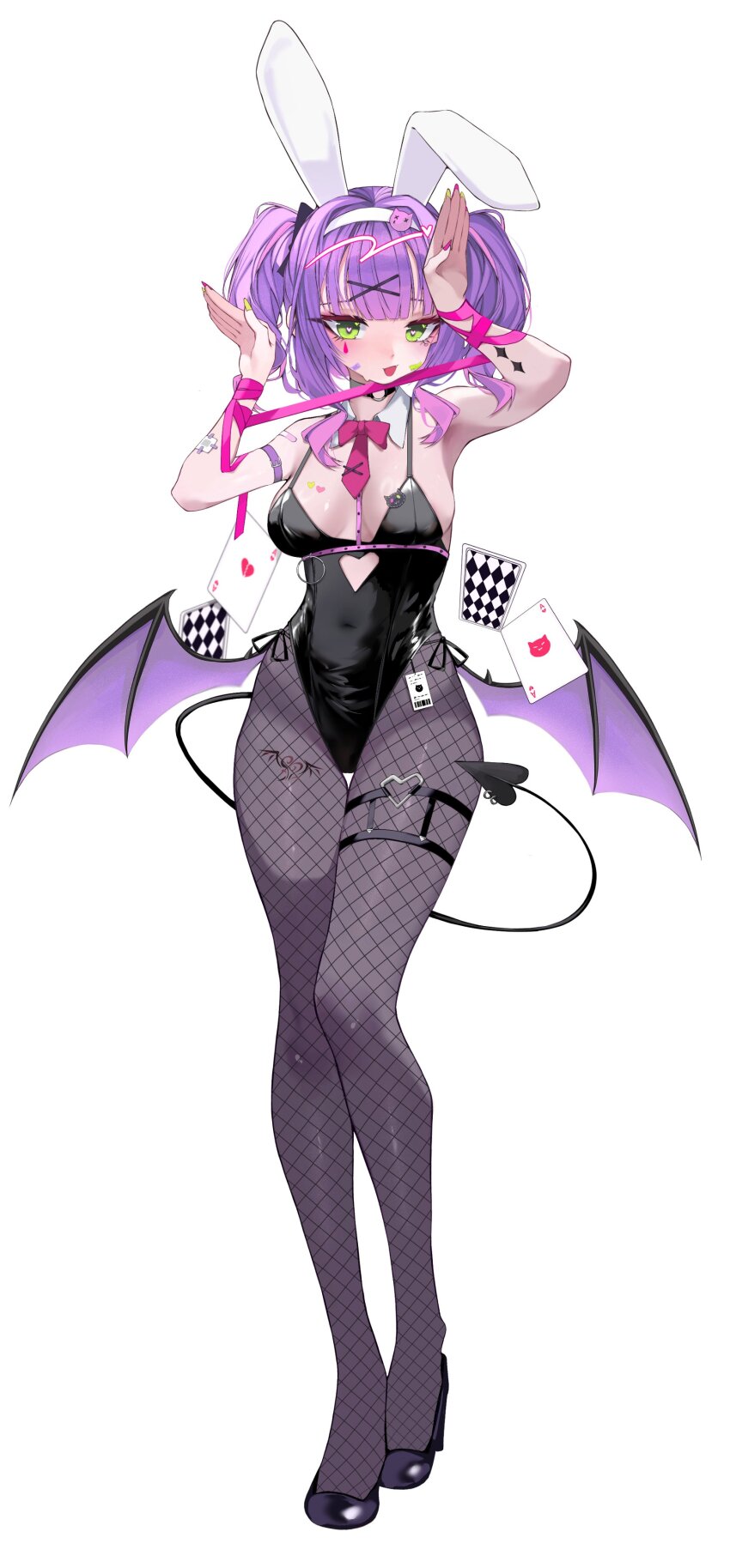 1girl :d absurdres ace_(playing_card) ace_of_hearts animal_ears arm_strap bare_shoulders black_footwear black_leotard black_pantyhose border bound bound_wrists bow bowtie breasts card cleavage clothing_cutout commentary covered_navel cowboy_shot demon_girl demon_tail demon_wings detached_collar english_commentary fake_animal_ears fishnet_pantyhose fishnets full_body green_eyes heart heart_cutout heart_o-ring high_heels highleg highleg_leotard highres hololive kkato large_breasts legs_together leotard long_bangs looking_at_viewer low_wings o-ring o-ring_thigh_strap open_mouth pantyhose piercing pink_bow pink_bowtie playboy_bunny playing_card purple_hair rabbit_ears rabbit_hole_(vocaloid) rabbit_pose red_bow ribbon ribbon_bondage short_hair short_twintails signature simple_background smile solo stomach_cutout tachi-e tail tail_ornament tail_piercing teardrop_facial_mark thigh_gap thigh_strap tokoyami_towa twintails virtual_youtuber white_background white_border wing_collar wings