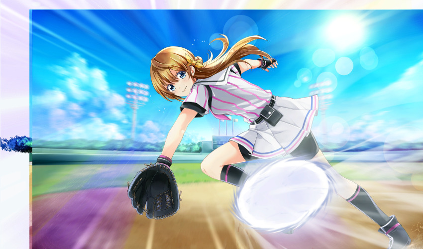 arihara_tsubasa baseball_(object) baseball_glove baseball_stadium baseball_uniform belt belt_pouch bike_shorts_under_skirt black_belt black_footwear black_gloves black_pouch black_shorts black_socks black_undershirt blue_eyes blurry bow brown_hair catching cinderella_series closed_mouth cloud cloudy_sky depth_of_field emphasis_lines fingerless_gloves game_cg gloves hachigatsu_no_cinderella_nine hair_between_eyes hair_bow highres lens_flare long_hair neckerchief non-web_source official_art outdoors pink_neckerchief playing_sports pleated_skirt pouch shirt shirt_under_shirt short_sleeves shorts skirt sky socks sportswear striped_belt striped_clothes striped_shirt sun sweat v-shaped_eyebrows vertical-striped_clothes vertical-striped_shirt yellow_bow