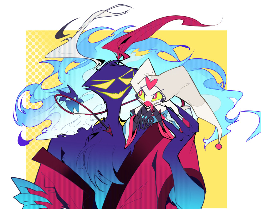 2boys asmodeus_(helluva_boss) blue_feathers blue_fire demon_boy feathers fire fizzarolli_(helluva_boss) green_eyes helluva_boss highres looking_at_another multiple_boys multiple_heads red_robe robe tongue tongue_out zhu_xing_pupupu