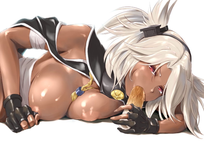 10s 1girl black_gloves breasts cape chikuwa dark-skinned_female dark_skin female_focus food gloves headgear highres kantai_collection large_breasts light_areolae looking_at_viewer musashi_(kancolle) musashi_kai_(kancolle) nipples pointy_hair red_eyes sexually_suggestive short_hair silver_hair simple_background solo wa_(genryusui) white_background