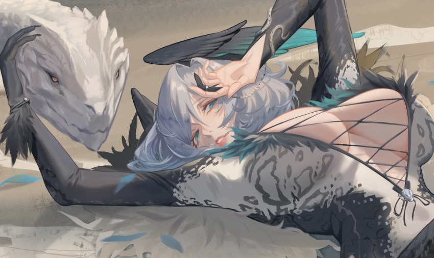 1girl aqua_eyes arknights arms_up black_bodysuit bodysuit breasts feathered_wings grey_hair hair_between_eyes head_wings highres ho&#039;olheyak_(arknights) large_breasts long_sleeves looking_at_viewer lying on_back oneworldtwo open_clothes orange_eyes parted_lips smile snake solo two-tone_bodysuit upper_body white_bodysuit wings