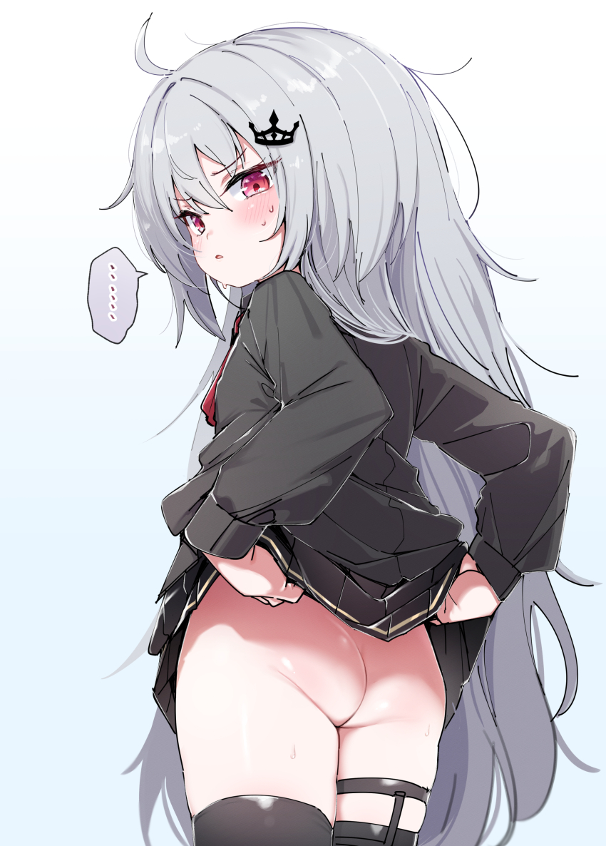 ... 1girl absurdres ahoge ass black_shirt black_skirt black_thighhighs clothes_lift commentary_request crown_hair_ornament from_behind grey_hair hair_between_eyes highres lifting_own_clothes long_hair long_sleeves looking_at_viewer looking_back miniskirt no_panties open_mouth red_eyes ryogoku_tsukasa shirt simple_background skirt skirt_lift solo specialite_(company) speech_bubble sweat thigh_strap thighhighs utsusumi_kio very_long_hair virtual_youtuber