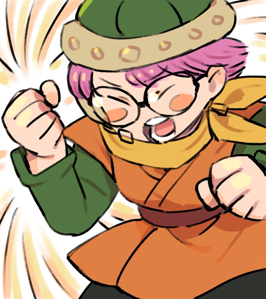 1girl blush_stickers chrono_trigger clenched_hands closed_eyes gan2 glasses helmet highres lucca_ashtear open_mouth purple_hair scarf short_hair solo teeth