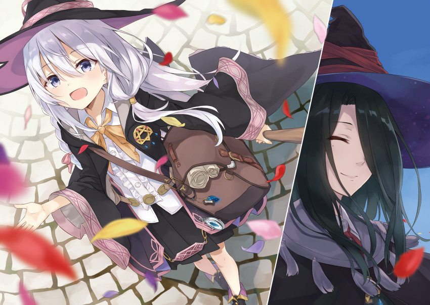 2girls :d absurdres azuuru bag bare_legs black_coat black_footwear black_hair black_headwear black_skirt blue_eyes blush bow braid broom brown_bag closed_eyes coat collared_shirt day elaina_(majo_no_tabitabi) flower fran_(majo_no_tabitabi) hair_between_eyes hair_bow hair_over_one_eye hat highres holding holding_broom long_hair looking_at_viewer majo_no_tabitabi mole mole_under_eye multiple_girls neck_ribbon novel_illustration official_art open_mouth outdoors petals pink_bow pink_flower pink_lips purple_flower red_flower red_ribbon ribbon shirt silver_hair single_braid skirt smile textless_version walking white_shirt witch_hat yellow_flower yellow_ribbon