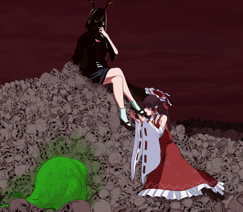 2girls absurdres bad_end bruise bruise_on_face crossed_legs defeat fog hakurei_reimu highres injury japanese_clothes kicchou_yachie kissing_foot miko monadmandara multiple_girls pile_of_skulls red_background shadow sitting skull tail touhou