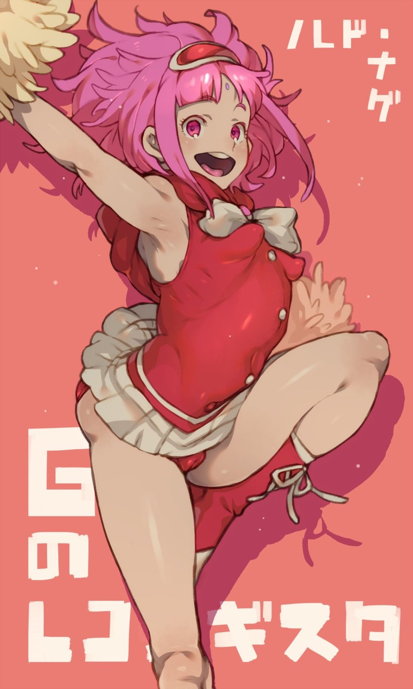 1girl :d breasts cameltoe collagen facial_mark forehead_mark gundam gundam_g_no_reconguista hair_ornament highres looking_at_viewer medium_hair noredo_nug open_mouth pink_eyes pink_hair pom_pom_(cheerleading) simple_background skirt smile solo