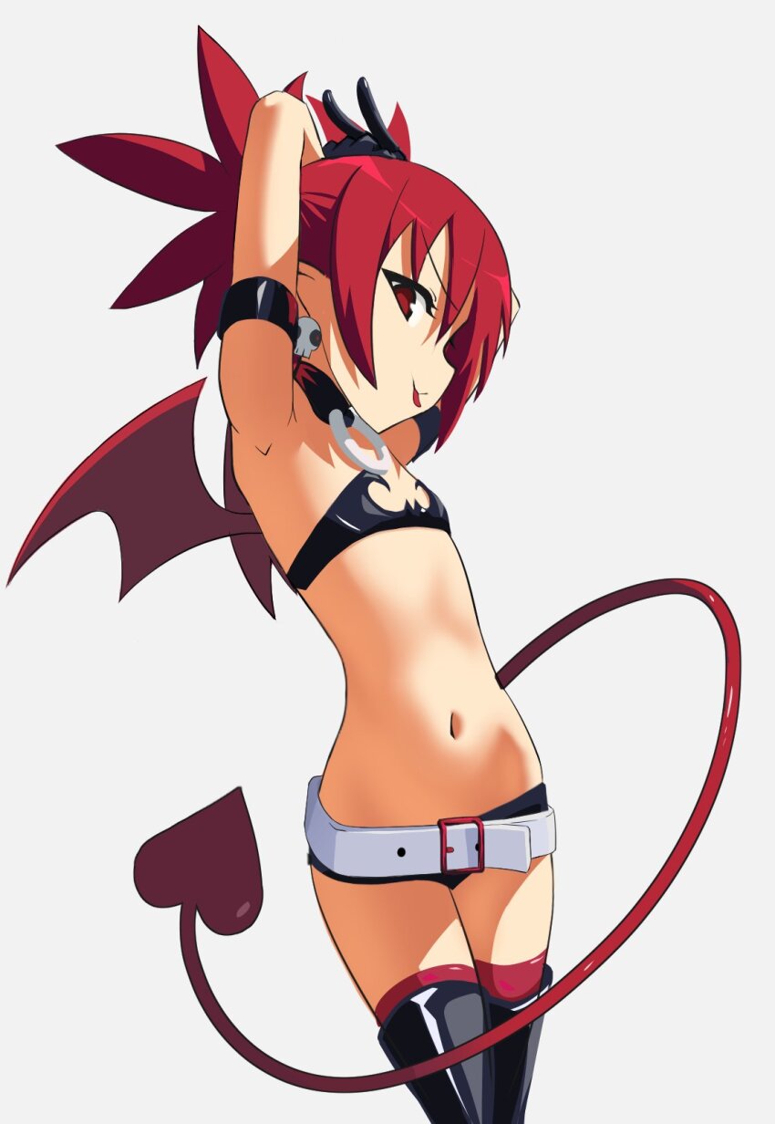 1girl armpits arms_behind_head boots demon_girl demon_tail demon_wings disgaea etna_(disgaea) flat_chest highres naughty_face raie_l red_eyes red_hair simple_background smile tail tongue tongue_out wings