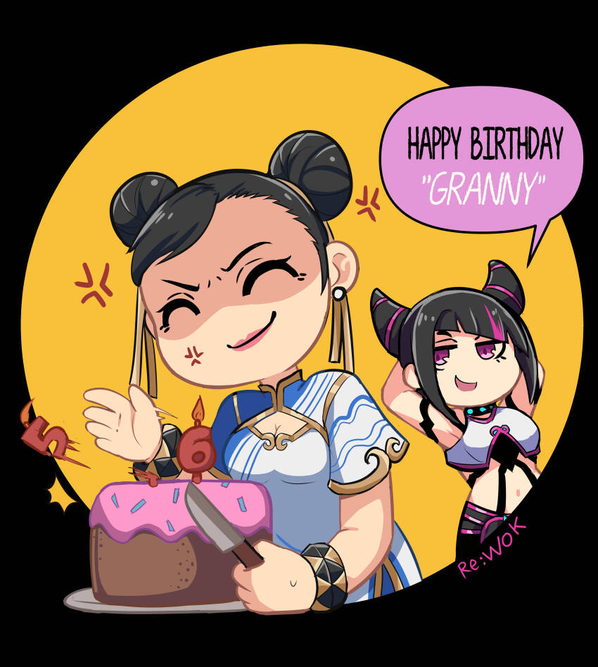 absurdres angry annoyed birthday birthday_cake cake capcom chun-li food han_juri happy_birthday highres non-web_source rewoqs street_fighter street_fighter_6