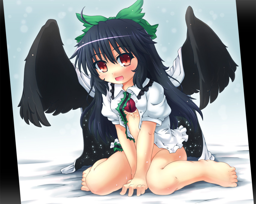 1girl barefoot black_hair blush bottomless bow etogami_kazuya feet female_focus full_body gradient_background long_hair red_eyes reiuji_utsuho solo touhou wings