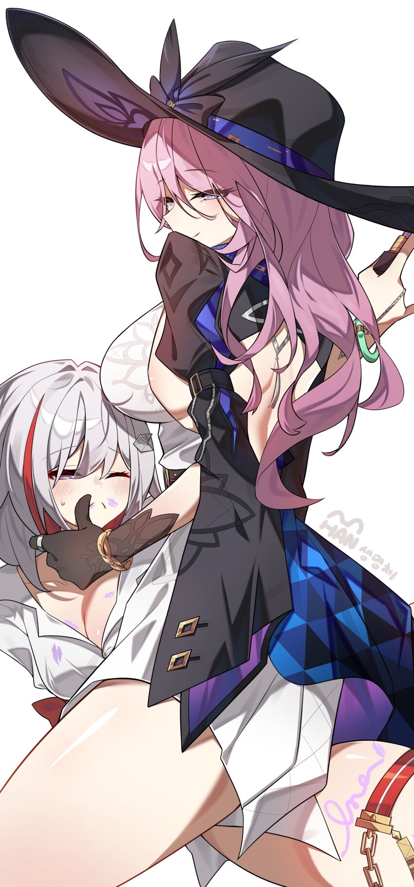 2girls absurdres black_gloves blue_eyes blush breasts cleavage finger_to_another&#039;s_mouth gloves grey_hair hat hickey highres holding honkai:_star_rail honkai_(series) jade_(honkai:_star_rail) jewelry large_breasts leg_belt lipstick long_hair looking_at_viewer makeup multicolored_hair multiple_girls one_eye_closed pink_hair purple_eyes red_hair ring shirt short_hair sitting sitting_on_person smile tipang_(gurimulguryo) topaz_(honkai:_star_rail) yuri