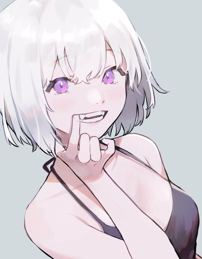 1girl bare_arms bare_shoulders black_camisole camisole collarbone fangs finger_in_own_mouth grey_background hair_between_eyes hand_up highres looking_at_viewer original purple_eyes saino_misaki short_hair simple_background solo teeth upper_body white_hair