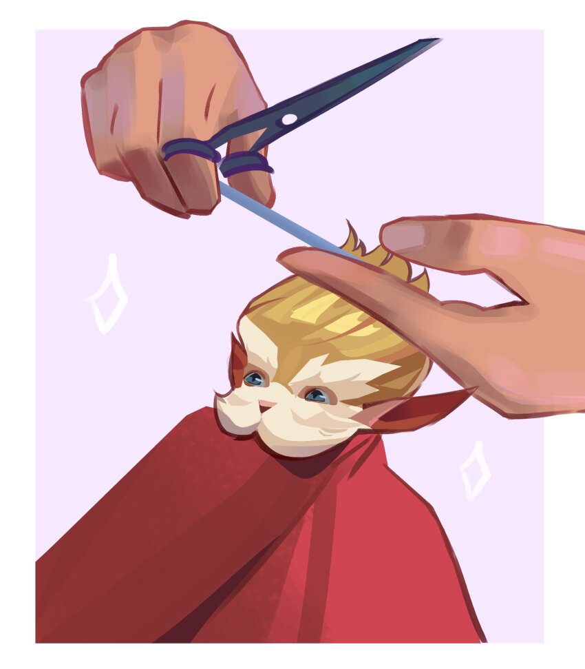 1boy absurdres arcane:_league_of_legends arcane_heimerdinger beard blanket blonde_hair blue_background facial_hair green_eyes heimerdinger highres holding holding_scissors league_of_legends mari_(sandesires) mini_person miniboy pointy_ears scissors white_background yordle