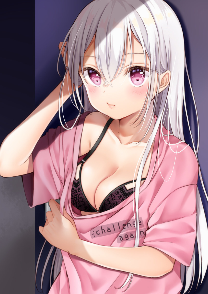 1girl arm_up black_bra bra breasts cleavage closed_mouth collarbone commentary_request english_text hair_between_eyes highres looking_at_viewer medium_breasts original pink_eyes pink_skirt purple_eyes short_sleeves skirt solo underwear upper_body white_hair yoshida_iyo