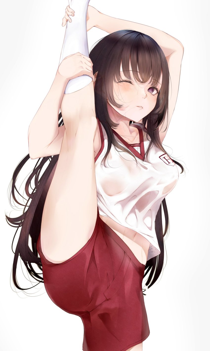 1girl arms_up bang_dream! blush breasts bright_pupils brown_hair collarbone feet_out_of_frame highres hito_komoru_(style) holding_leg kisaragi_yaya kneehighs large_breasts long_hair looking_at_viewer midriff_peek navel one_eye_closed parted_lips purple_eyes red_shorts shirt shorts simple_background sleeveless sleeveless_shirt socks solo split standing standing_on_one_leg standing_split very_long_hair wet wet_clothes wet_shirt white_background white_socks