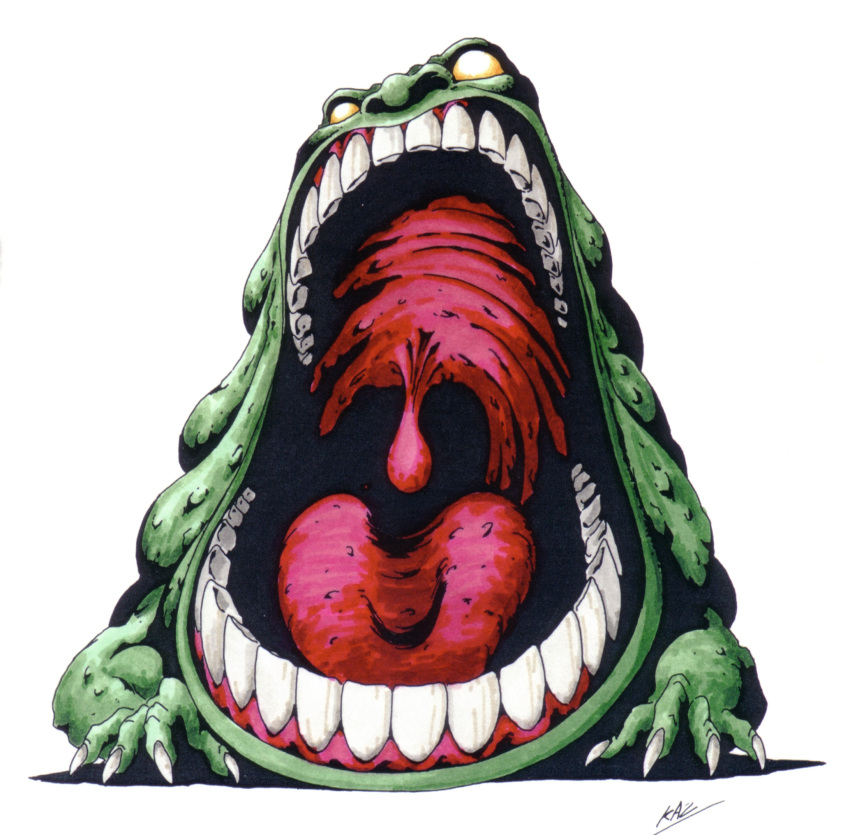 abaddon abaddon_(megami_tensei) artist_name claws colored_skin green_skin highres kazuma_kaneko no_humans nose official_art open_mouth retro_artstyle shin_megami_tensei simple_background solo teeth tongue uvula yellow_eyes