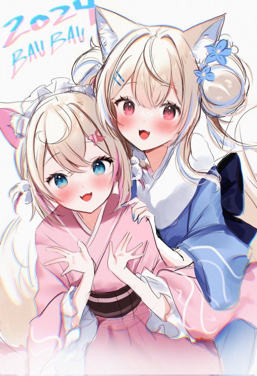 2girls animal_ear_fluff animal_ears blonde_hair blue_eyes blue_hair blue_kimono blue_nails blush commentary dog_ears dog_girl dog_tail double_bun fang fuwawa_abyssgard hair_bun hair_ornament hairpin hand_on_another&#039;s_shoulder highres hololive hololive_english japanese_clothes kimono long_hair looking_at_viewer maru_ccy medium_hair mococo_abyssgard multicolored_hair multiple_girls nail_polish open_mouth pink_eyes pink_hair pink_kimono siblings sisters skin_fang smile streaked_hair tail twins virtual_youtuber white_background x_hair_ornament