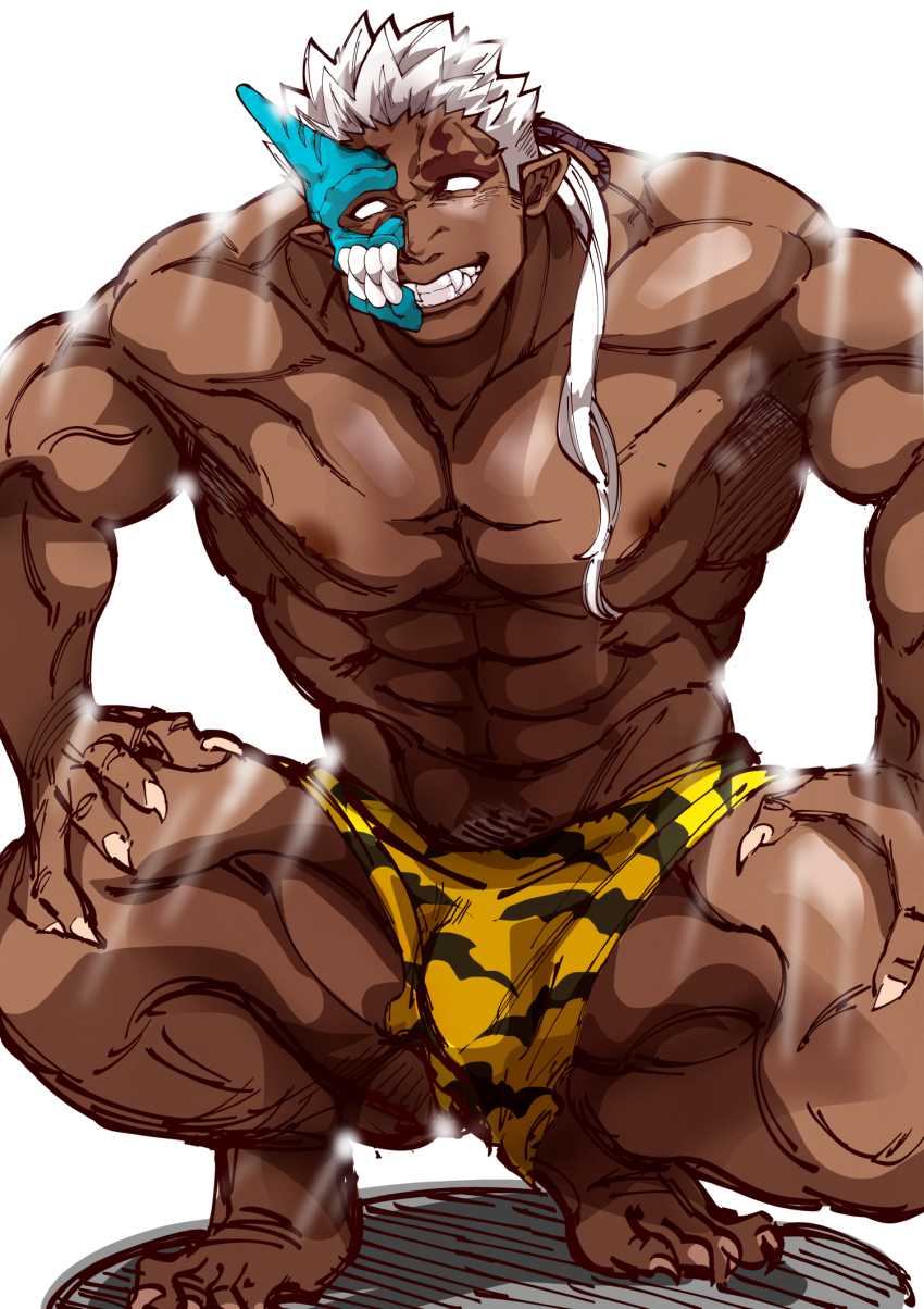 1boy abs alternate_skin_color animal_print bara bulge dark-skinned_male dark_skin fang full_body grin half_mask highres horned_mask horns kizami_nori_to_yamaimo loincloth long_hair looking_at_viewer male_focus mask monster_boy muscular muscular_male navel nipples no_pupils oni_mask pectorals ponytail pubic_hair pubic_hair_peek short_hair shuten_douji_(housamo) sideburns single_horn smile solo squatting sunlight tiger_print tokyo_houkago_summoners topless_male unfinished upper_body veins very_dark_skin white_hair