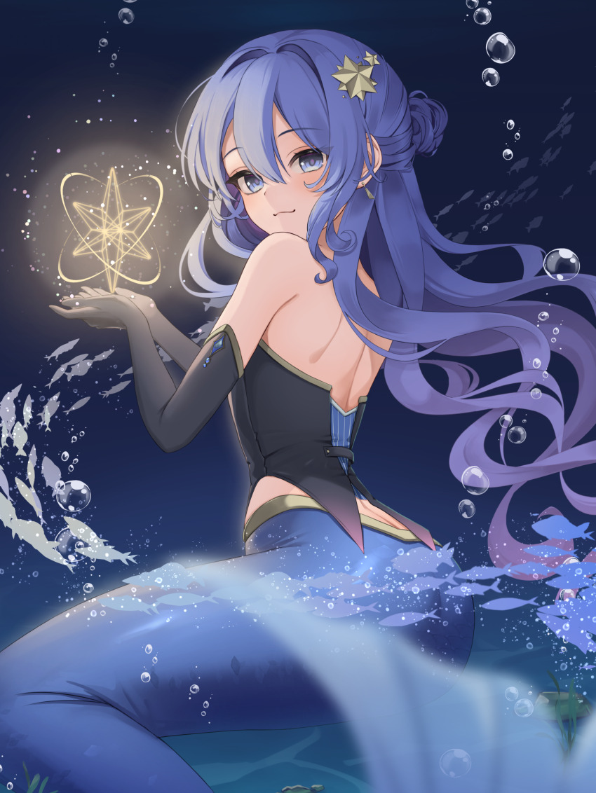 1girl absurdres air_bubble black_gloves blue_eyes blue_hair bubble closed_mouth elbow_gloves gloves hair_ornament hanazawa_ma highres hololive hoshimachi_suisei looking_at_viewer mermaid monster_girl monsterification smile solo star_(symbol) star_hair_ornament virtual_youtuber