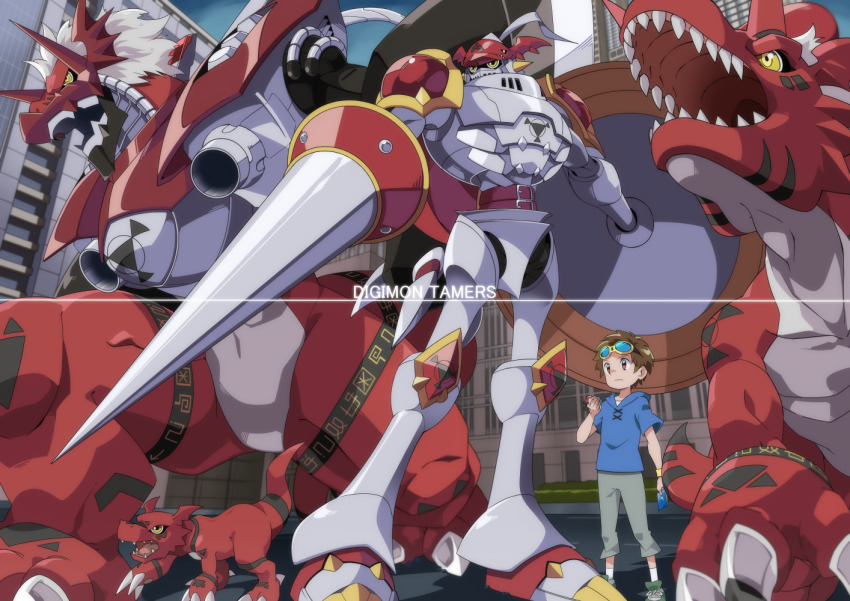 1boy armor blue_shirt brown_hair cape city digimon digimon_(creature) digimon_tamers digital_hazard dinosaur dukemon growmon guilmon helmet holding horns knight lance male_focus matsuda_takato megalogrowmon mikan_(mkn_0710) open_mouth orange_eyes outdoors pants polearm sharp_teeth shield shirt shoes short_hair short_sleeves socks standing teeth weapon wings