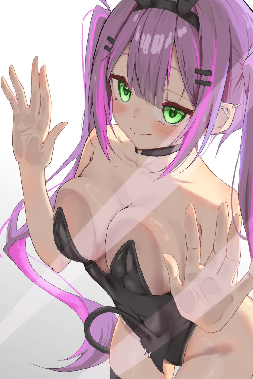 1girl against_glass alternate_costume animal_ears blush breast_press breasts breasts_on_glass cleavage closed_mouth demon_tail ear_piercing fake_animal_ears glass green_eyes hair_between_eyes hair_ornament hairpin hand_on_glass highres hololive leotard long_hair netral561 piercing playboy_bunny purple_hair rabbit rabbit_ears simple_background smile solo spike_piercing standing strapless strapless_leotard tail thighhighs thighs tokoyami_towa twintails upper_body white_background