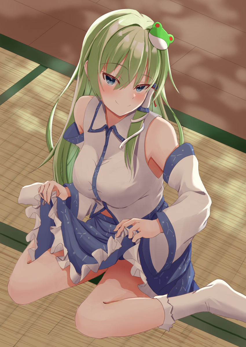 1girl absurdres blue_eyes blue_skirt breasts clothes_lift collared_shirt day detached_sleeves frilled_socks frills frog frog_hair_ornament green_eyes green_hair hair_between_eyes hair_ornament hair_tubes highres kochiya_sanae long_hair long_skirt medium_breasts nontraditional_miko sabakan_kandume shirt single_sidelock sitting skirt skirt_hold skirt_lift sleeveless sleeveless_shirt snake snake_hair_ornament socks solo tatami thighs touhou wariza white_shirt white_socks