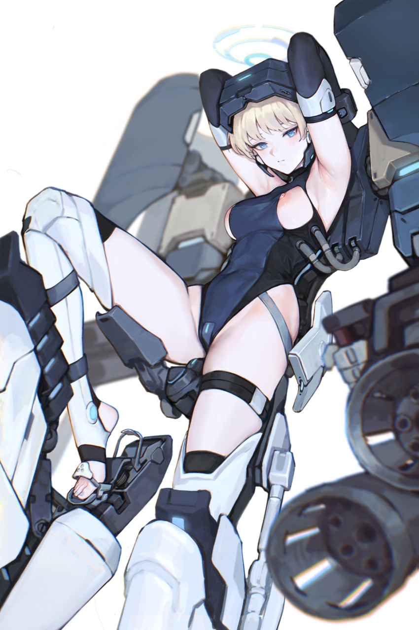 1girl absurdres armpits arms_behind_head arms_up black_gloves blonde_hair blue_archive blue_eyes blurry blurry_background blurry_foreground blush breasts cable closed_mouth elbow_gloves exoskeleton eyelashes eyewear_on_head feet foot_out_of_frame gatling_gun gloves grey_background gun halo heel-less_legwear heel_pop highleg highleg_leotard highres iuui knee_up large_breasts legs leotard looking_at_viewer mecha_musume minigun multiple-barrel_gun nail_polish nipples shadow short_hair sideboob sidelocks simple_background skindentation sleeveless_turtleneck_leotard solo stirrup_legwear swept_bangs thigh_strap thighhighs thighs toeless_legwear toenail_polish toenails toes toki_(abi-eshuh)_(blue_archive) toki_(blue_archive) white_thighhighs