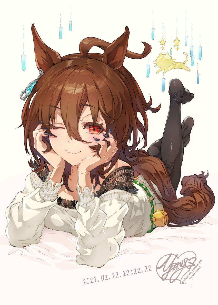 1girl ;) absurdres agnes_tachyon_(umamusume) ahoge animal_ears artist_name bell black_nails black_pantyhose brown_hair cat_day closed_mouth dress feet_up fingernails hair_between_eyes hands_on_own_cheeks hands_on_own_face highres horse_ears horse_girl horse_tail jingle_bell lace-trimmed_sweater long_fingernails looking_at_viewer lying mobile nail_polish no_shoes off-shoulder_sweater off_shoulder on_stomach one_eye_closed pantyhose red_eyes short_hair signature smile solo sweater sweater_dress tail umamusume white_dress white_sweater wilted_ahoge yanyo_(ogino_atsuki)