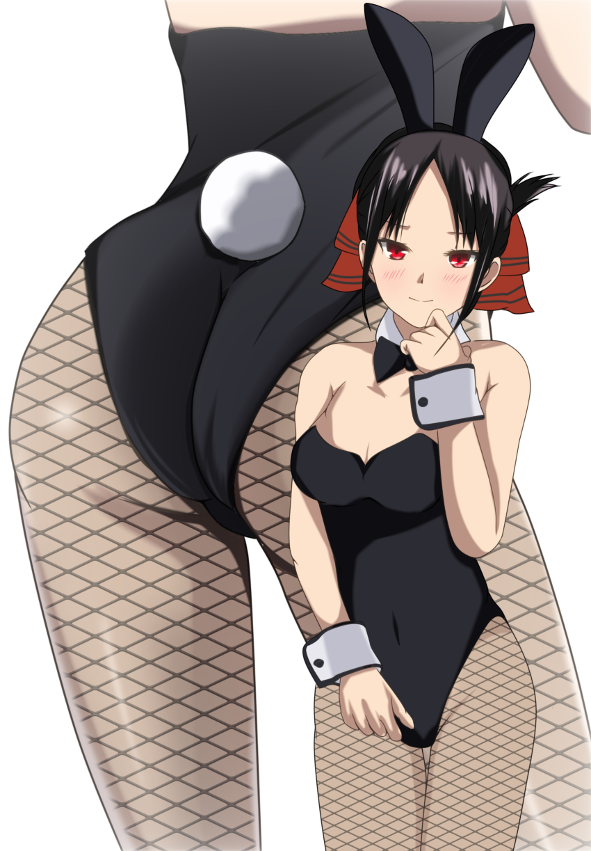 1girl absurdres animal_ears ass bare_shoulders black_bow black_bowtie black_hair black_leotard blush bow bowtie breasts cleavage closed_mouth covered_navel detached_collar fake_animal_ears fake_tail fishnet_pantyhose fishnets hand_up highres kaguya-sama_wa_kokurasetai_~tensai-tachi_no_renai_zunousen~ leotard looking_at_viewer multiple_views pantyhose playboy_bunny rabbit_tail red_eyes shinomiya_kaguya simple_background small_breasts strapless strapless_leotard tail tetsuado white_background wrist_cuffs