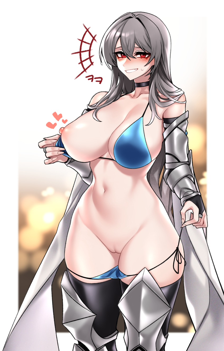 1girl armor bikini bikini_pull black_choker blue_bikini breasts choker cleft_of_venus clothes_pull collarbone commission cowboy_shot cuisses dogs_(dlrkdejr26) fingernails grey_hair hair_between_eyes hair_intakes highres large_breasts long_hair looking_at_viewer navel nipples notice_lines open_mouth original poleyn red_eyes rerebrace smile solo sweatdrop swimsuit vambraces