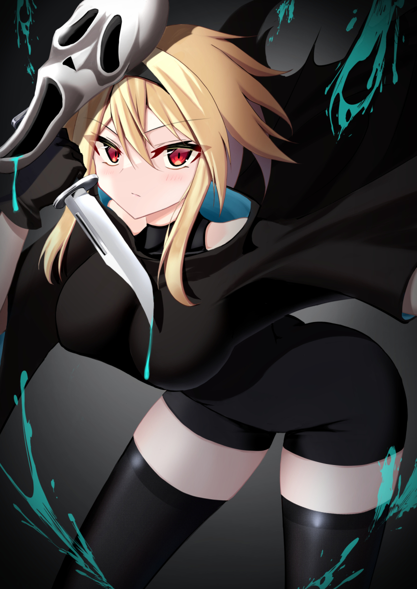 alternate_costume black_gloves blonde_hair breasts gloves halloween halloween_costume highres jiseki_rena knife large_breasts looking_at_viewer medium_hair original red_eyes rena_(jiseki_rena) thighs