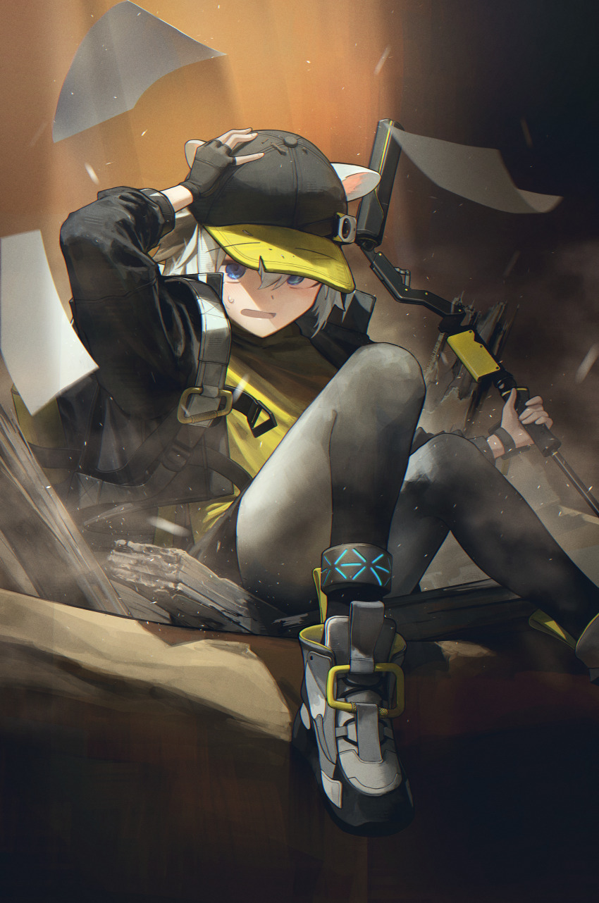 1girl absurdres animal_ears arknights backpack bag baseball_cap black_gloves black_hat black_jacket black_pantyhose blue_eyes boots click_(arknights) commentary ears_through_headwear fingerless_gloves flat_chest foot_out_of_frame gloves grey_hair hair_between_eyes hand_on_headwear hat highres holding holding_staff infection_monitor_(arknights) jacket kusami_toka_naku_au looking_at_viewer mouse_ears mouse_girl open_clothes open_jacket open_mouth pantyhose paper shirt sitting solo staff sweatdrop two-tone_hat white_footwear yellow_hat yellow_shirt