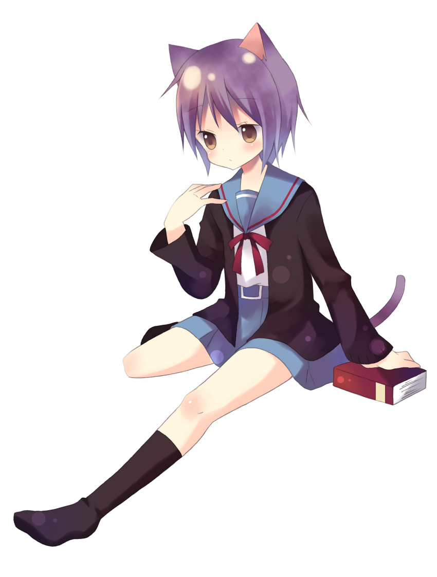 00s animal_ears bad_id bad_pixiv_id book cardigan cat_ears cat_tail feet highres nagato_yuki otototo purple_hair school_uniform serafuku short_hair socks solo suzumiya_haruhi_no_yuuutsu tail