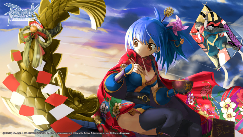 1boy 1girl adachi_yousuke arm_wrap baggy_pants black_sash black_thighhighs blue_dress blue_hair blue_pants blue_shirt blue_sky bowl breasts brown_eyes cape closed_mouth cloud copyright_notice dress eating feet_out_of_frame floral_print food hair_ornament hair_stick highres holding holding_bowl kite logo looking_afar looking_to_the_side medium_breasts medium_hair mochi ninja_(ragnarok_online) obi obijime official_art official_wallpaper outdoors pants pinwheel_hair_ornament ragnarok_online red_cape red_scarf sash scarf shachihoko shide shirt sitting sky sleeveless sleeveless_dress sleeveless_shirt solo_focus sunrise thighhighs vambraces zouni_soup