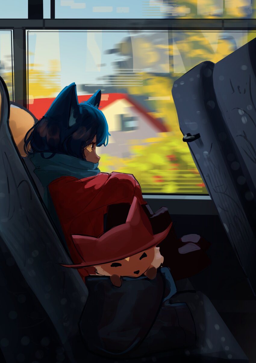 1girl 1other absurdres androgynous animal_ear_headwear animal_ears animal_hat blue_hair blue_scarf blurry blurry_background brown_poncho brown_tunic bus cat_ears cat_hat colored_sclera fake_animal_ears fox hat highres long_sleeves looking_to_the_side motor_vehicle niko_(oneshot) oneshot_(game) rue_(oneshot) scarf shadches72 short_hair tunic yellow_sclera