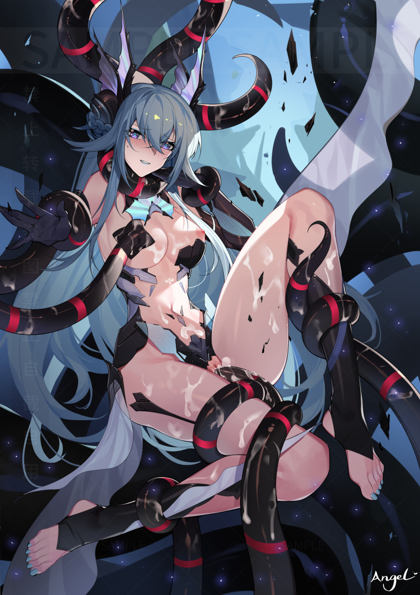 1girl absurdres adhesive_bra aqua_hair barefoot black_bra black_gloves blue_lips blush bra breasts crossed_bangs cum cum_on_body cum_overflow fins full_body gloves hair_between_eyes hair_flaps head_fins highres lamia_(punishing:_gray_raven) large_breasts lc_angel long_hair looking_at_viewer nail_polish navel nipples parted_lips punishing:_gray_raven purple_eyes pussy restrained ringed_eyes sidelocks signature solo sweat tentacle_sex tentacles toeless_legwear toenail_polish toenails underwear vaginal very_long_hair