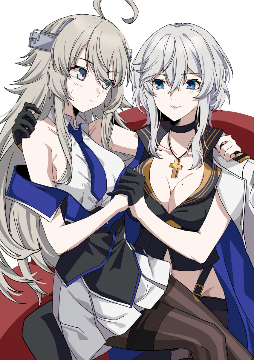 2girls absurdres ahoge azur_lane bare_shoulders black_choker black_gloves black_pantyhose blue_eyes blue_necktie breasts choker cleavage closed_mouth coat coat_on_shoulders cross cross_necklace gloves grey_eyes grey_hair highres holding_hands jewelry kantai_collection large_breasts light_blush long_hair mole mole_on_breast multiple_girls name_connection necklace necktie pantyhose pokarii_zuu short_hair simple_background sitting sitting_on_lap sitting_on_person smile sweatdrop washington_(azur_lane) washington_(kancolle) white_coat