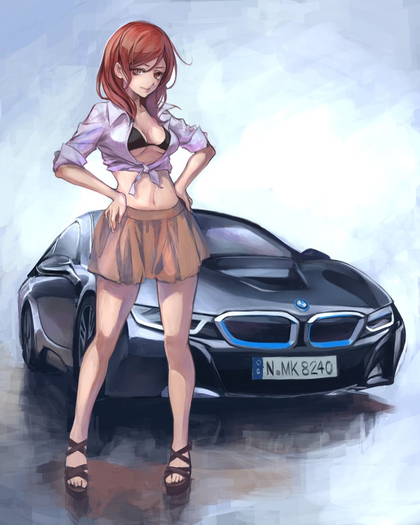 10s 1girl bikini bikini_top_only bmw bmw_i8 breasts brown_eyes car female_focus full_body hands_on_own_hips highres koh_(minagi_kou) license_plate love_live! love_live!_school_idol_project motor_vehicle navel nishikino_maki open_clothes red_hair sandals shirt skirt solo swimsuit tied_shirt vehicle_focus