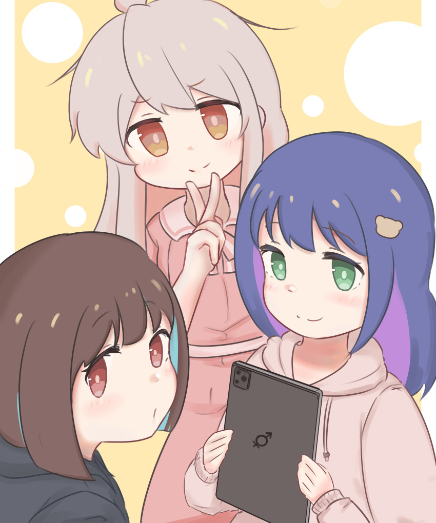 3girls absurdres blue_hair brown_eyes brown_hair chinese_commentary colored_inner_hair commentary_request green_eyes grey_hair hair_ornament hairclip highres hood hood_down hoodie hozuki_momiji light_blue_hair light_blush long_hair long_sleeves looking_at_viewer male-female_symbol momoku multicolored_hair multiple_girls onii-chan_wa_oshimai! oyama_mahiro purple_hair short_hair simple_background smile split_mouth tablet_pc tenkawa_nayuta two-tone_hair v yellow_background