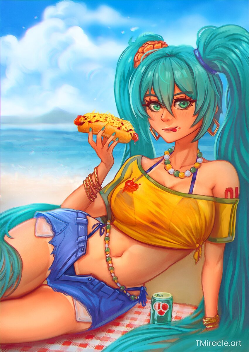 1girl aqua_hair beach bead_choker belly_chain bikini bikini_under_clothes blue_shorts blue_sky bracelet brazilian_miku cloud cloudy_sky cowboy_shot exposed_pocket flower food green_eyes guarana_antarctica hair_between_eyes hair_flower hair_ornament hatsune_miku highres holding holding_food hot_dog jewelry long_hair looking_at_viewer midriff multiple_bracelets navel off-shoulder_shirt off_shoulder outdoors picnic_blanket rectangular_earrings red_flower shadow shirt short_sleeves shorts sitting sky solo swimsuit tied_shirt tmiracle tongue tongue_out very_long_hair vocaloid water yellow_shirt