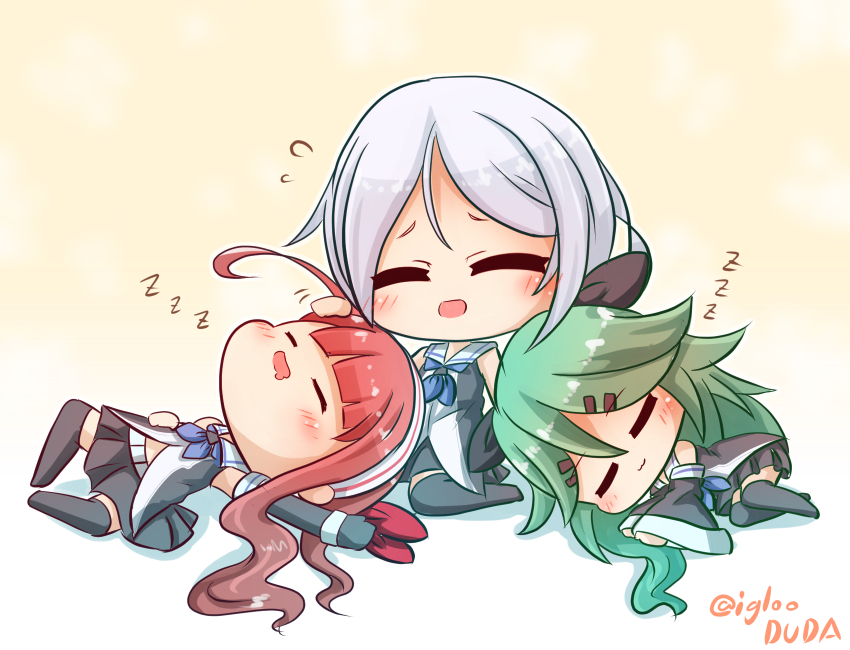 3girls :d ^_^ ahoge asimo953 black_legwear chibi closed_eyes commentary_request detached_sleeves drooling gradient_background green_hair hair_ornament hair_ribbon hairband hairclip headpat highres kantai_collection kawakaze_(kancolle) long_hair lying mouth_drool multiple_girls open_mouth pleated_skirt red_hair ribbon school_uniform serafuku silver_hair simple_background skirt sleeping smile thighhighs umikaze_(kancolle) yamakaze_(kancolle) zettai_ryouiki zzz