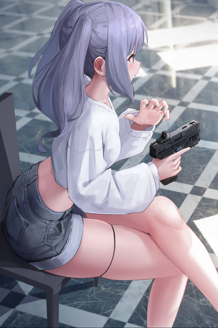 1girl absurdres blurry blurry_background breasts chair closed_mouth crop_top crossed_legs denim feet_out_of_frame from_side grey_shorts gun handgun highres holding holding_gun holding_weapon indoors long_hair long_sleeves looking_ahead medium_breasts midriff on_chair original profile puffy_long_sleeves puffy_sleeves purple_eyes purple_hair s&amp;w_m&amp;p shirt short_shorts shorts sideways_mouth sitting skindentation solo sthk thigh_strap trigger_discipline twintails weapon white_shirt