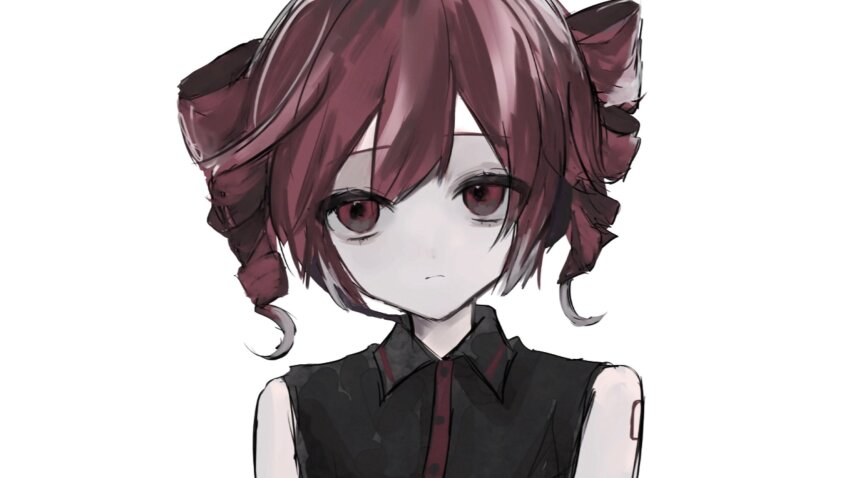 1girl arm_tattoo black_shirt collared_shirt double-parted_bangs drill_hair expressionless highres kanau_(u_u_zzx) kasane_teto light_frown long_hair red_eyes red_hair shirt short_sleeves sidelocks simple_background solo tattoo twin_drills utau white_background