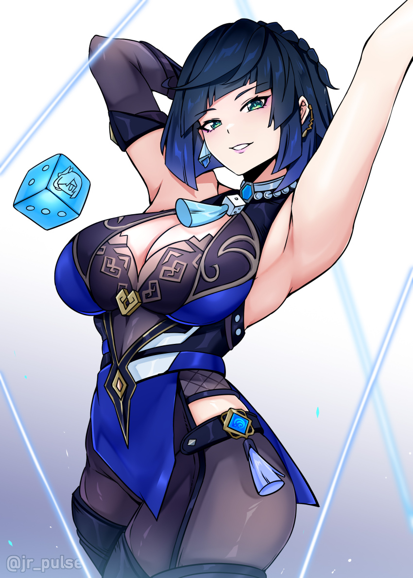 1girl absurdres asymmetrical_gloves bare_shoulders blue_dress blue_eyes blue_hair breasts cleavage cowboy_shot diagonal_bangs dice dress genshin_impact gloves highres jrpulse large_breasts looking_at_viewer pelvic_curtain short_hair smile solo yelan_(genshin_impact)