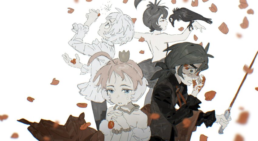 ahiru_(princess_tutu) ahoge ballerina ballet bare_shoulders bird black_hair blood blood_on_face blue_eyes crow crown crying crying_with_eyes_open fakir_(princess_tutu) falling_petals highres holding holding_sword holding_weapon ma_fu multiple_girls mytho_(princess_tutu) open_mouth orange_hair petals ponytail princess_kraehe princess_tutu princess_tutu_(character) rue_(princess_tutu) short_hair sword tears weapon