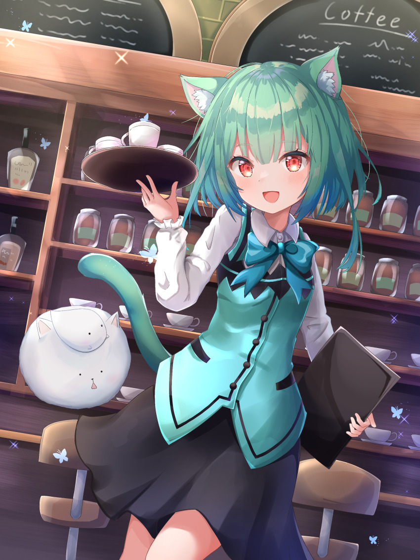 1girl :d absurdres animal_ears cat_ears cat_girl cat_tail gochuumon_wa_usagi_desu_ka? green_hair highres holding holding_tray hololive looking_at_viewer nekopurin_(nyanko_prin) open_mouth parody red_eyes short_hair smile solo tail tray uruha_rushia virtual_youtuber